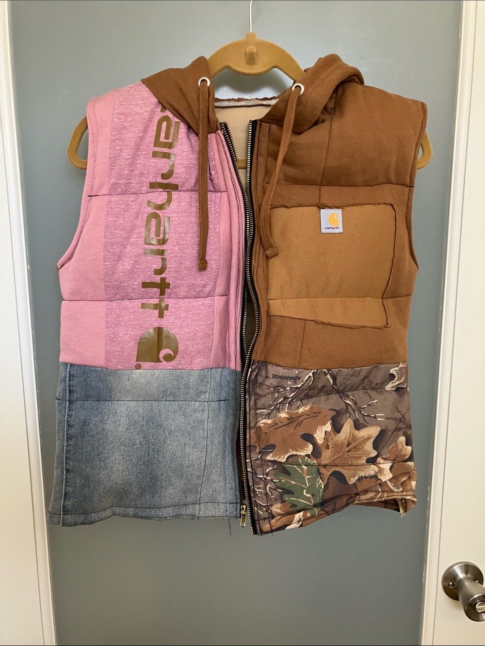 Carhartt women Patchwork Hooded Vest in Pink, Brown & Camo.